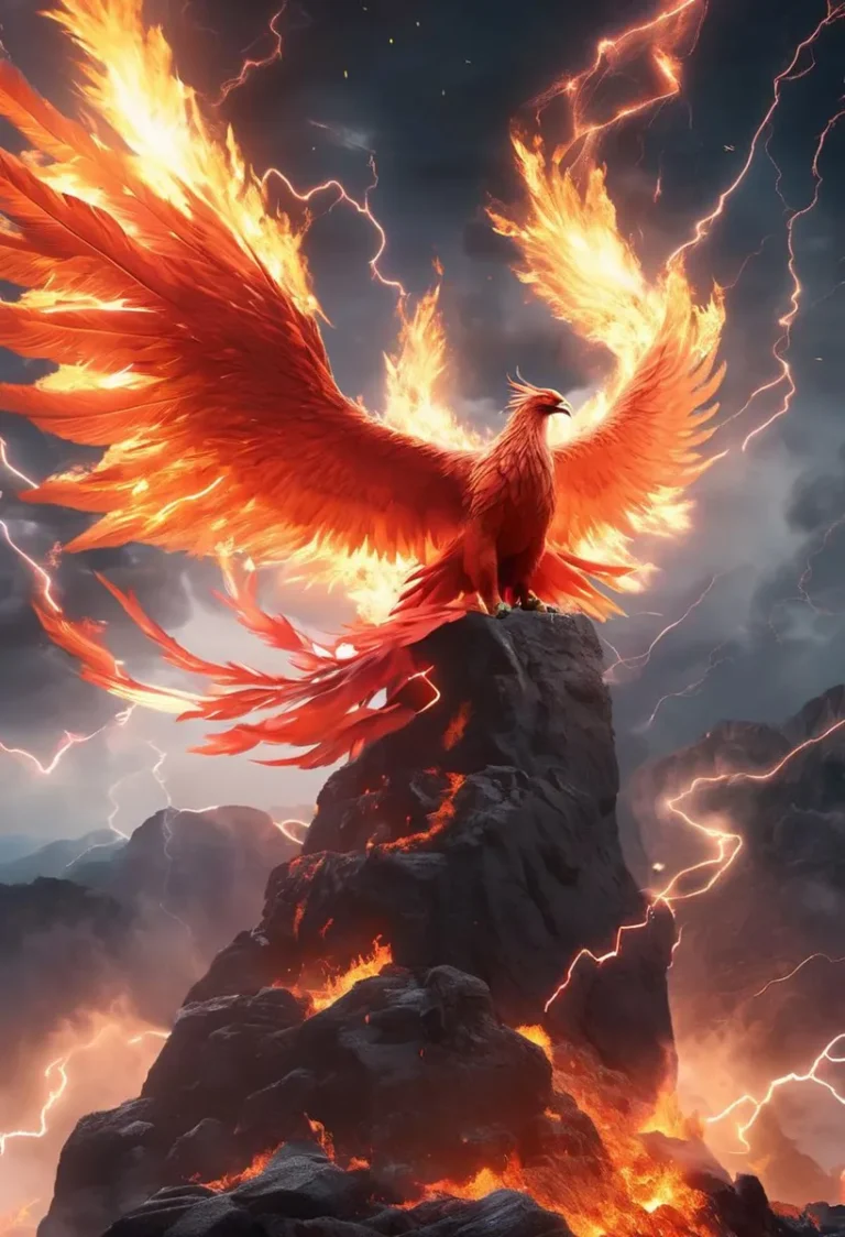 A majestic phoenix with fiery wings rests on a rocky, lava-filled mountain peak. An AI generated image using Stable Diffusion.