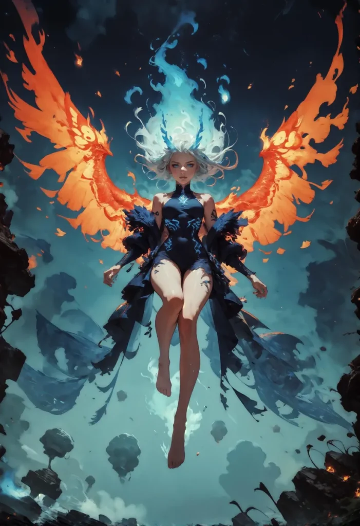 A fantasy image generated by AI using Stable Diffusion, featuring a female angel with flaming wings. The angel has flowing hair that transitions from blue at the top to white at the tips. She wears a dark, intricate outfit, and she hovers in a mystical, cloud-filled sky.