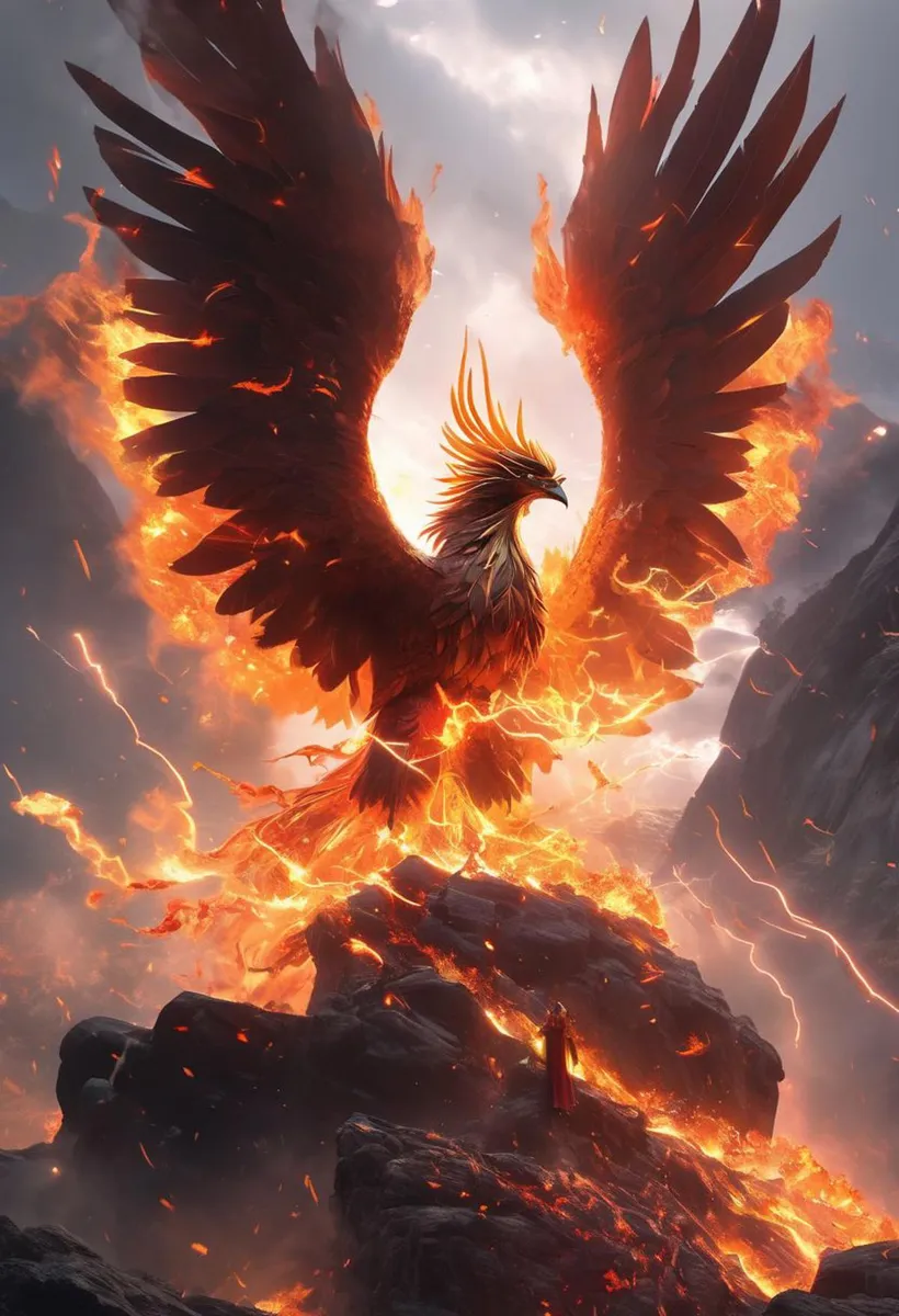 A breathtaking AI generated image using stable diffusion of a majestic phoenix rising from flames, with expansive fiery wings and embers scattered around.