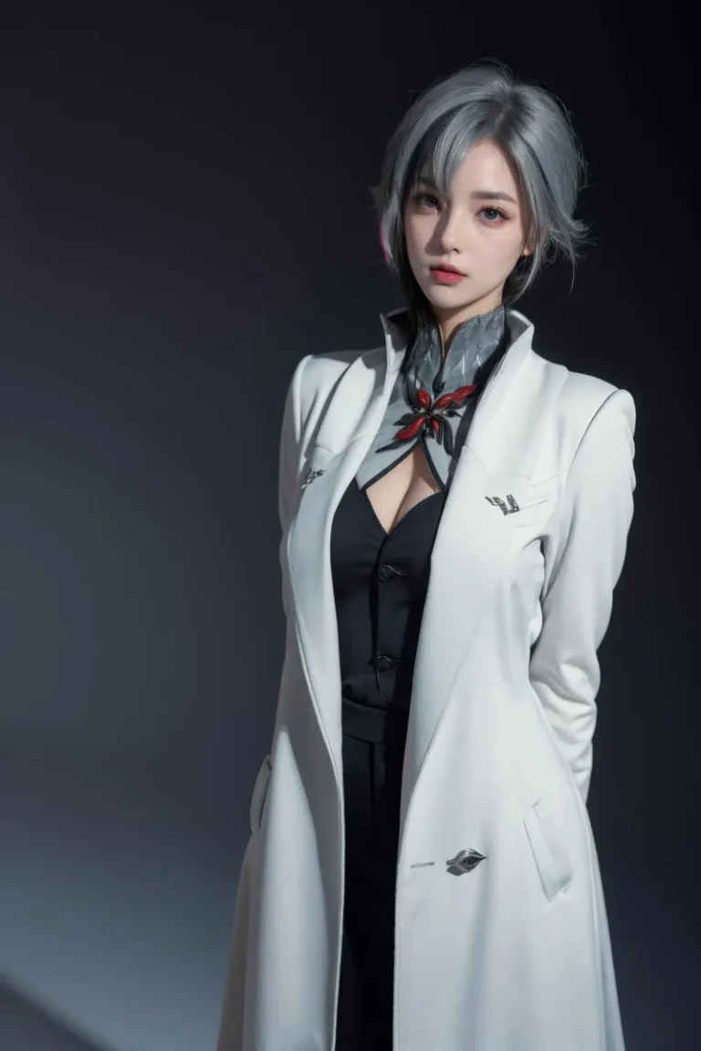 A photo-realistic AI generated image of a woman with short gray hair, dressed in a white coat over a black top, against a dark gradient background using Stable Diffusion.