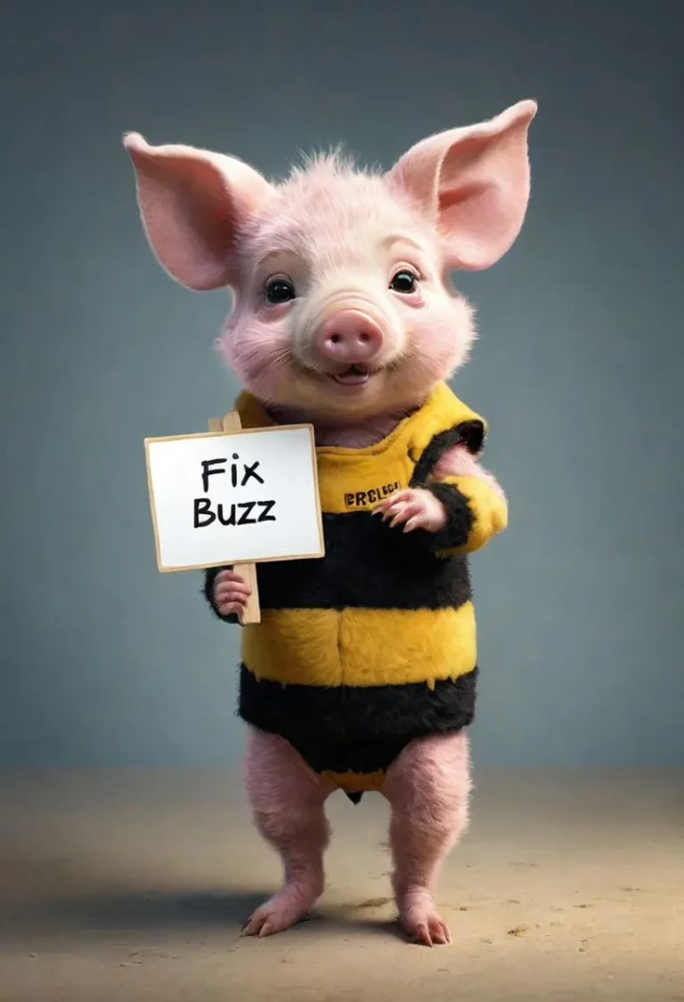 AI generated image using stable diffusion of a cute pig wearing a bee costume and holding a sign that says 'Fix Buzz'.