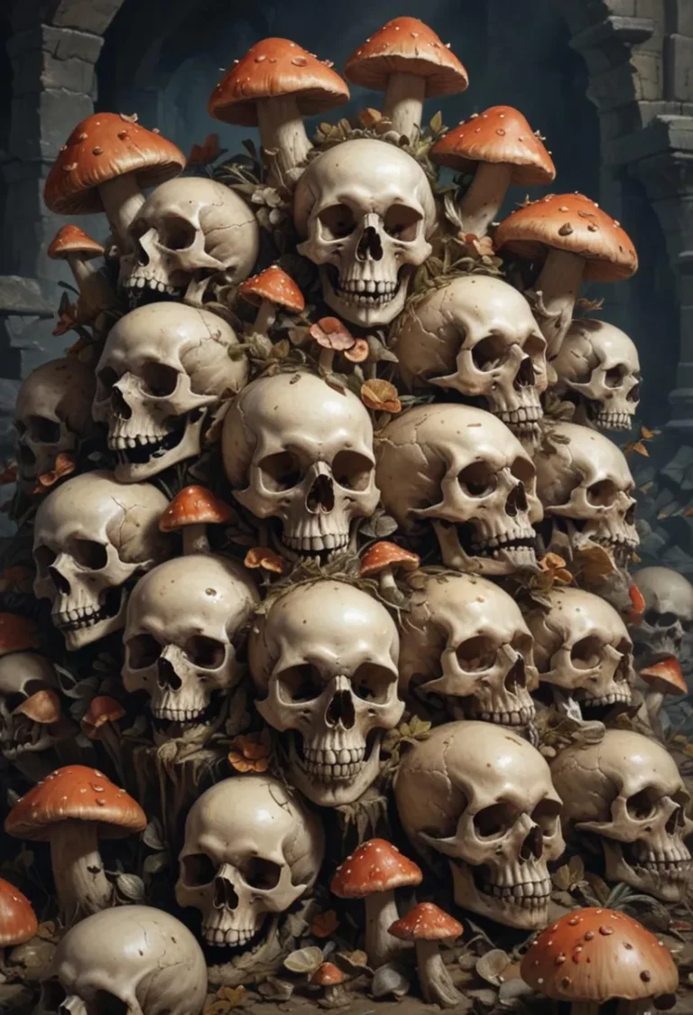 A dark AI generated image using stable diffusion depicting a pile of skulls intertwined with red mushrooms and foliage.