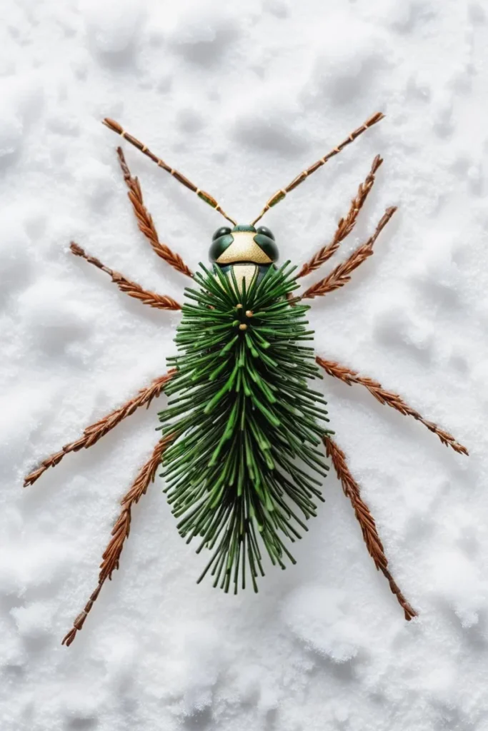 An AI generated image using Stable Diffusion of an insect made from pine needles and branches resting on a snowy surface.