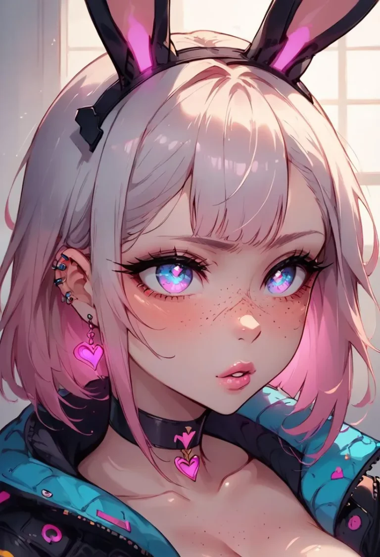 Anime girl with pink hair, heart-shaped accessories, bunny ears, and vibrant neon eyes, wearing a choker and a jacket. AI-generated image using Stable Diffusion.