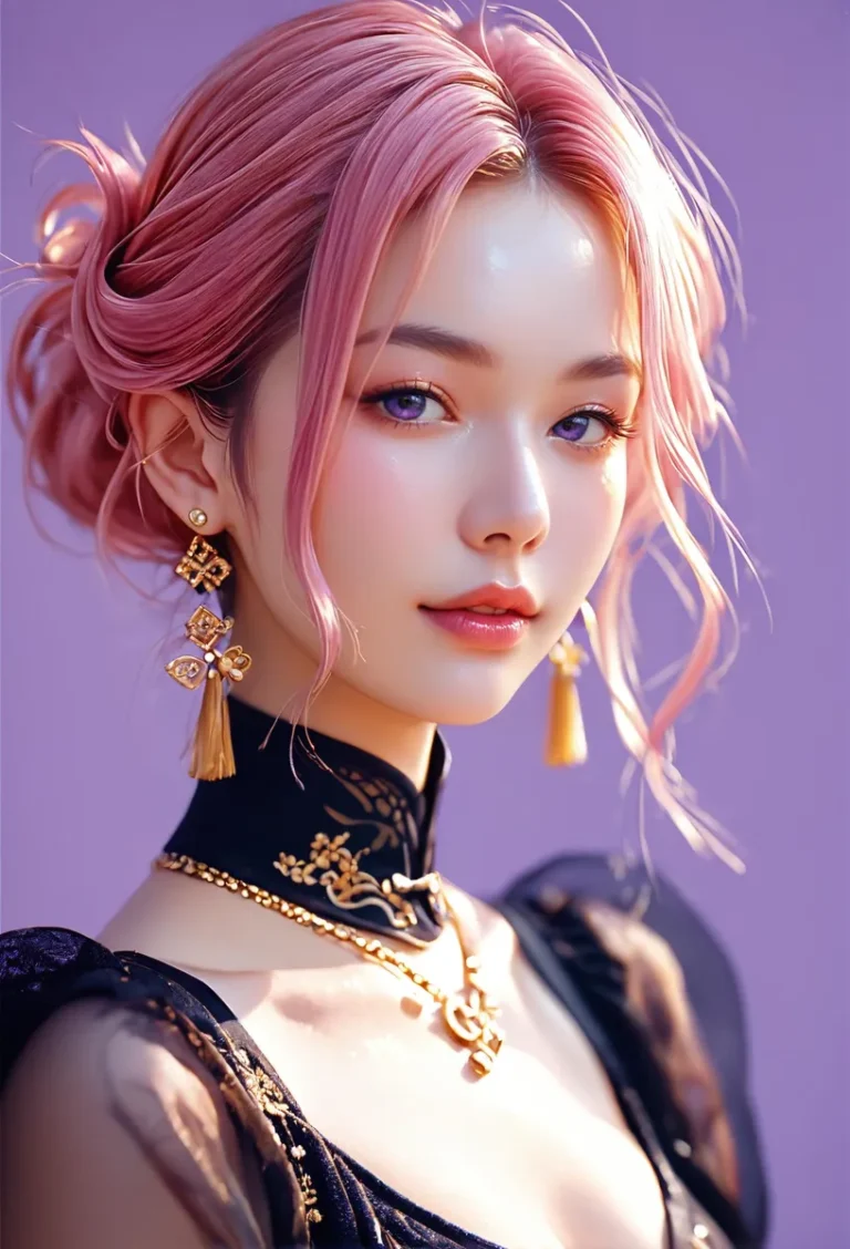 A young woman with pink hair styled in an elegant updo. The image is AI-generated using Stable Diffusion.
