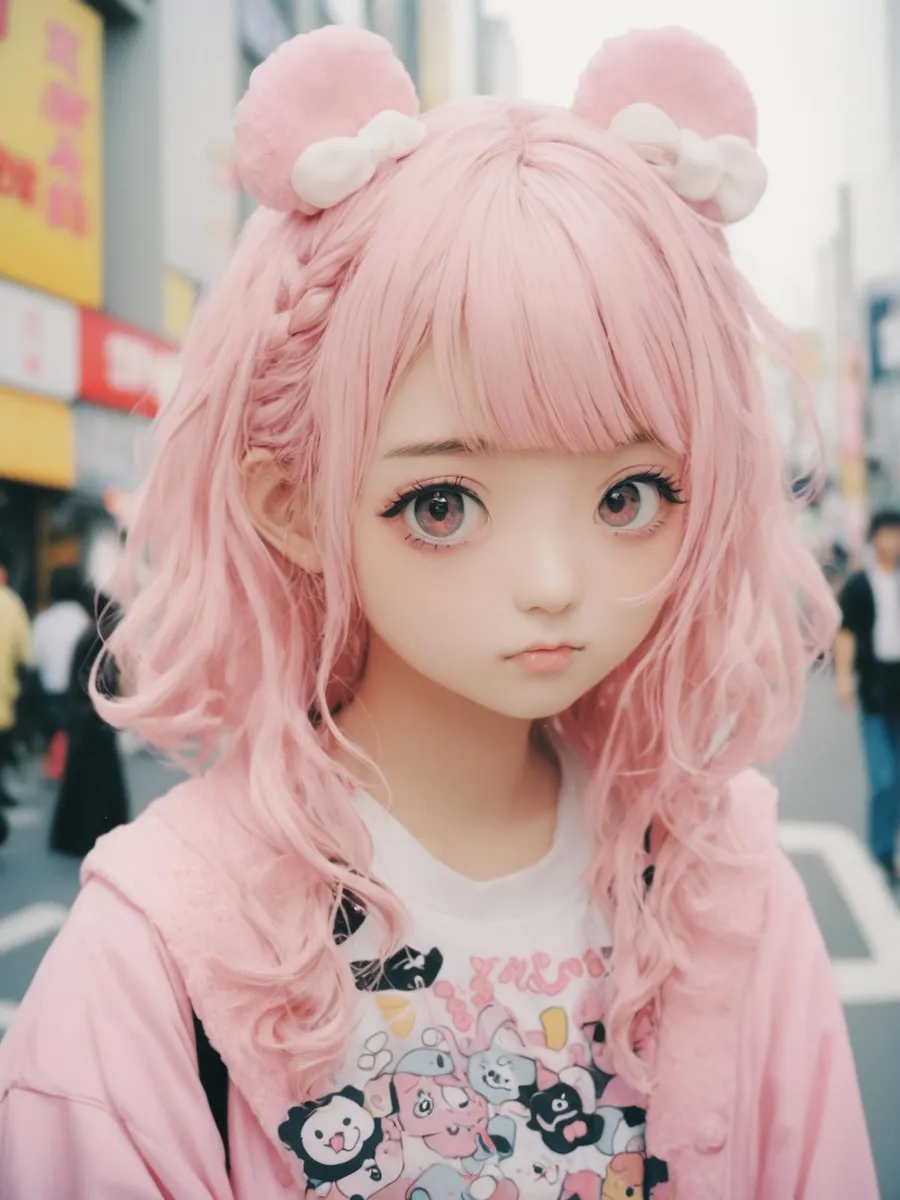 Anime-style character with pink hair, bear ear accessories, and graphic t-shirt in a street scene, an AI generated image using stable diffusion.