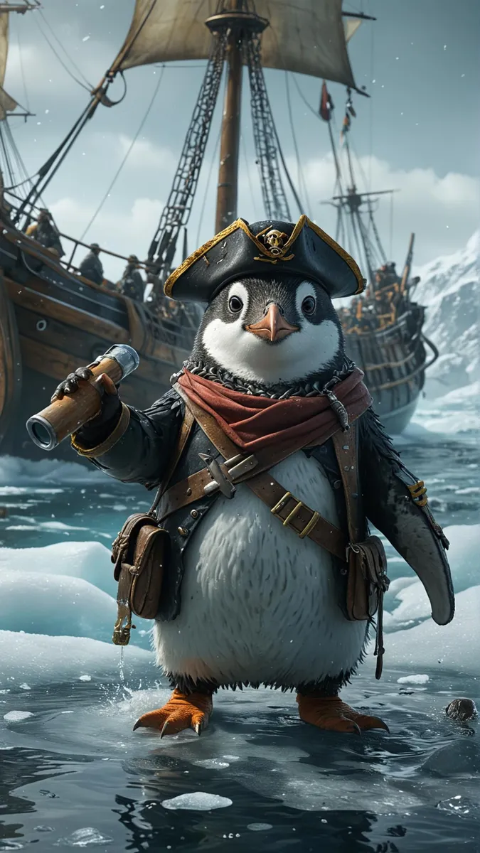 AI-generated image of a cute penguin dressed as a pirate, standing on ice with a ship in the background. Created using Stable Diffusion.