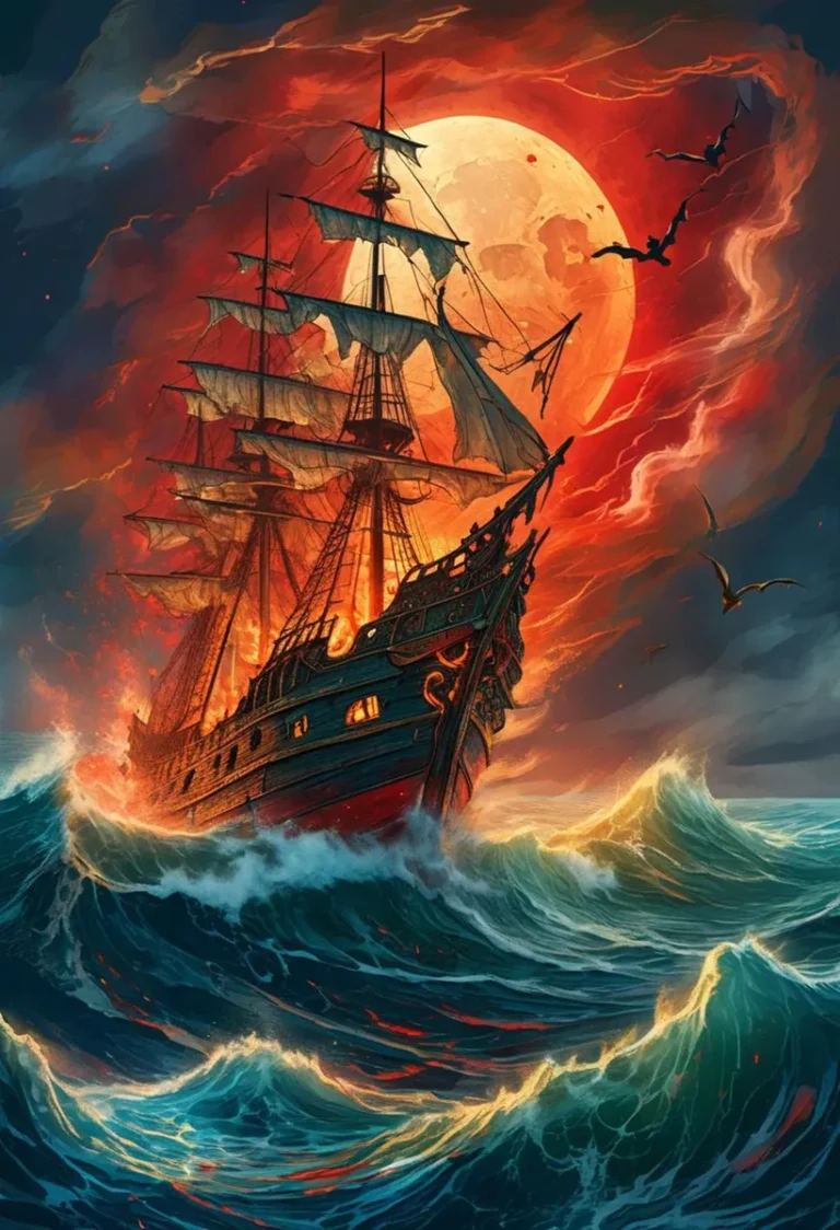 An AI generated image using stable diffusion, depicting a pirate ship battling waves on a moonlit ocean with a large full moon in the background.