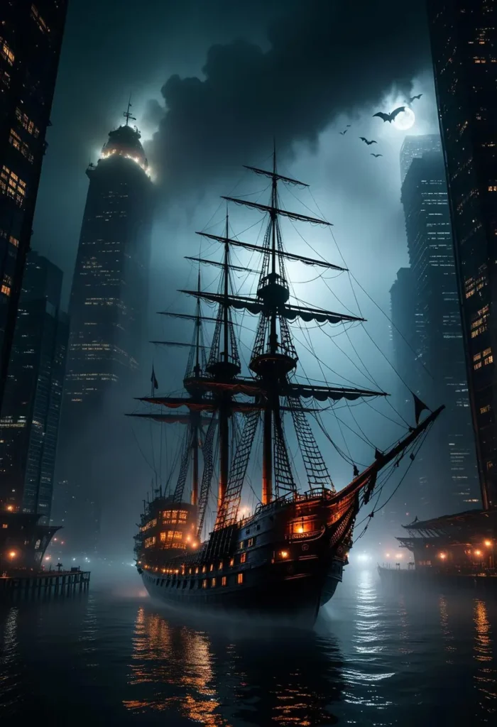 AI generated image of a large pirate ship with illuminated windows sailing through a foggy cityscape under a full moon using Stable Diffusion.