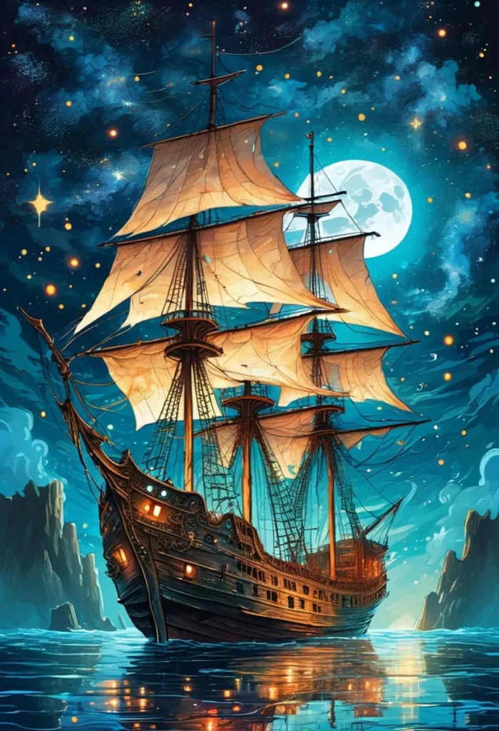 A majestic pirate ship sailing under a starry night sky with a full moon, created using Stable Diffusion