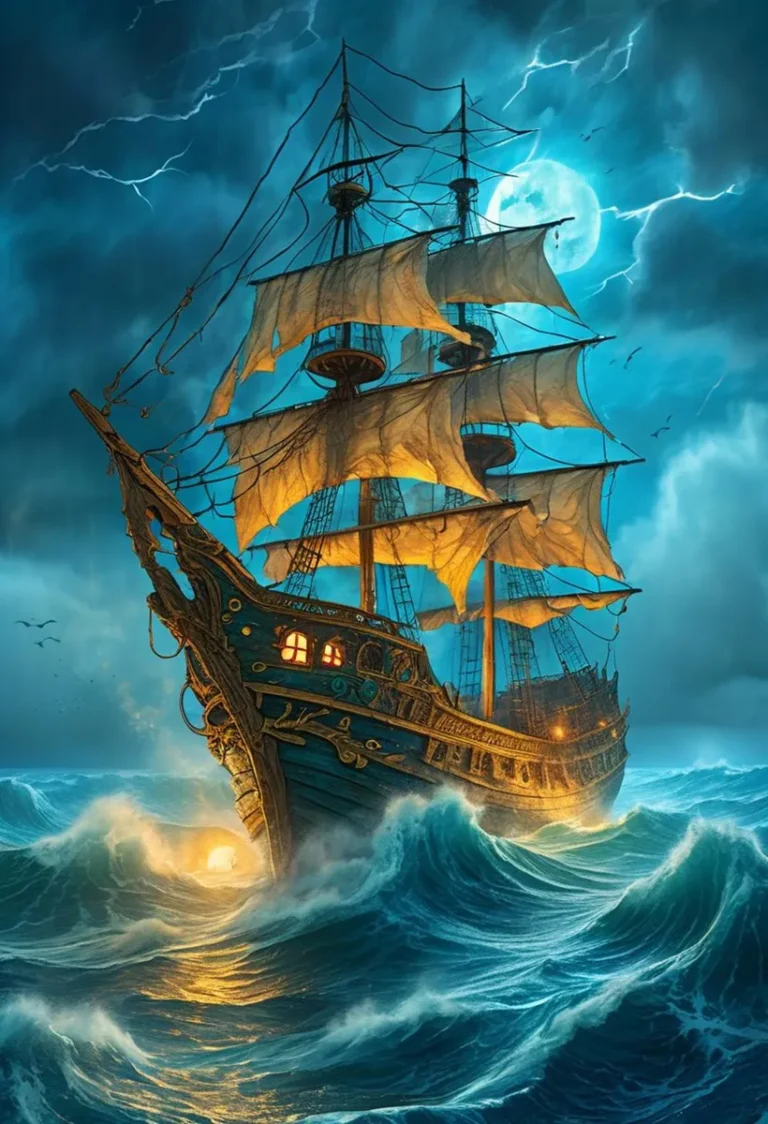 An AI generated image of a pirate ship battling a turbulent night storm with a full moon in the background, created using Stable Diffusion.
