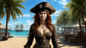 AI generated image of a pirate woman standing on a tropical beach, created using Stable Diffusion.