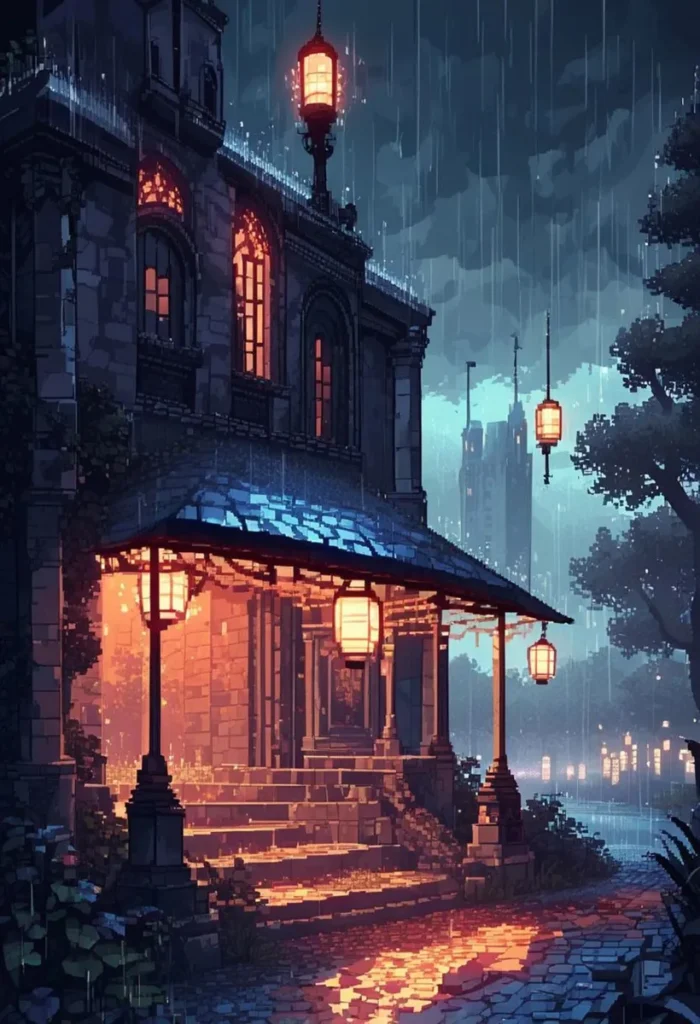 Pixel art of a mansion exterior illuminated by lanterns on a rainy night, created using stable diffusion.