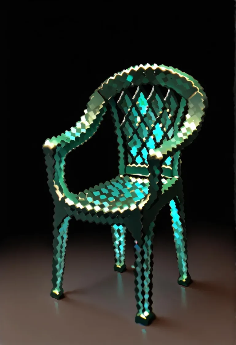 A pixelated chair design illuminated with shades of green and blue, AI generated image using Stable Diffusion.