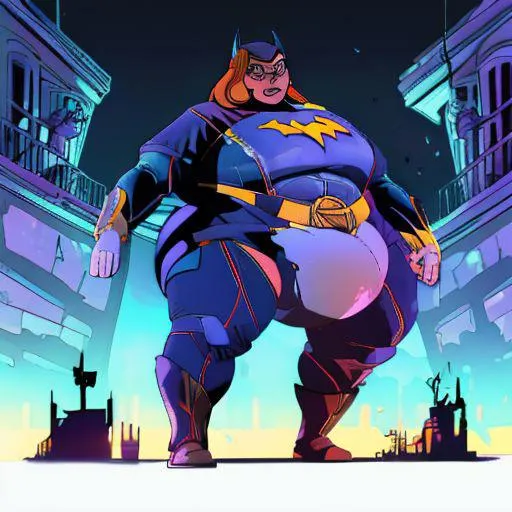 Comic book style illustration of a plus-size superhero with a bat emblem, created using AI and stable diffusion.