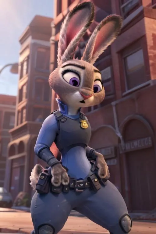 An AI generated image of a cute bunny character in a police uniform in an animated cityscape using Stable Diffusion.