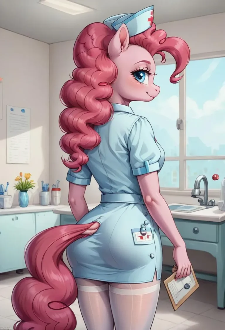 Digital illustration of a pony nurse in a hospital setting, created using AI and Stable Diffusion. The pony wears a blue nurse uniform with a nurse cap, holding a clipboard in one hand, and has vibrant pink hair with curls.