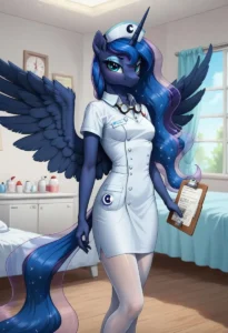 AI-generated image of a My Little Pony character, a dark blue pegasus with a unicorn horn, dressed as a nurse using Stable Diffusion.