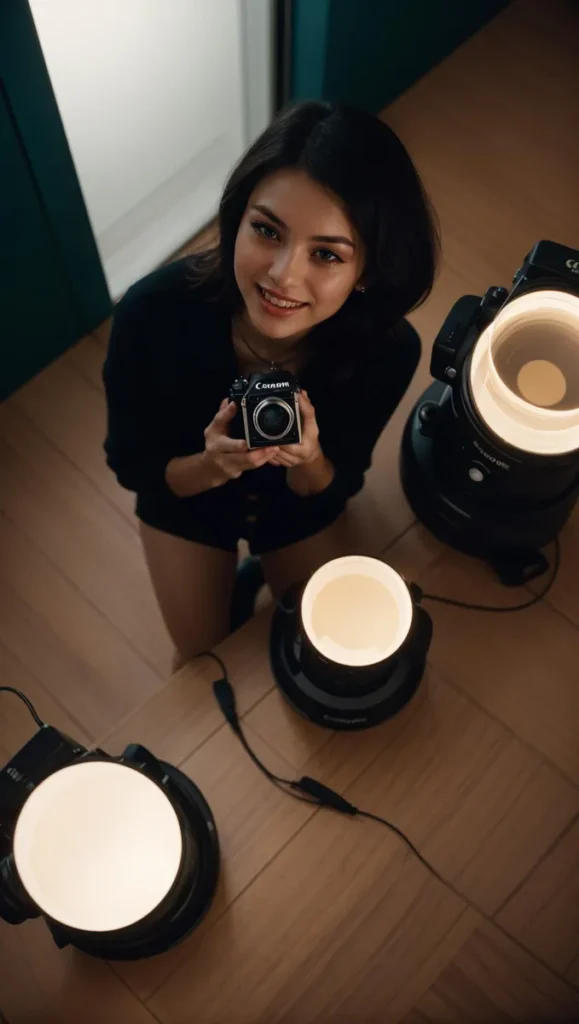 Young woman in a dark top holding a camera, surrounded by three bright circular photography lights. AI generated image using Stable Diffusion.
