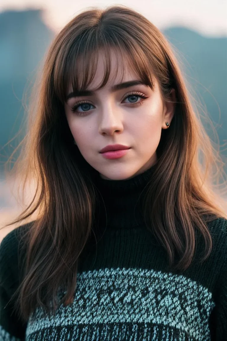 A realistic AI generated portrait of a young woman with long brown hair, wearing a dark knit sweater, created using Stable Diffusion.
