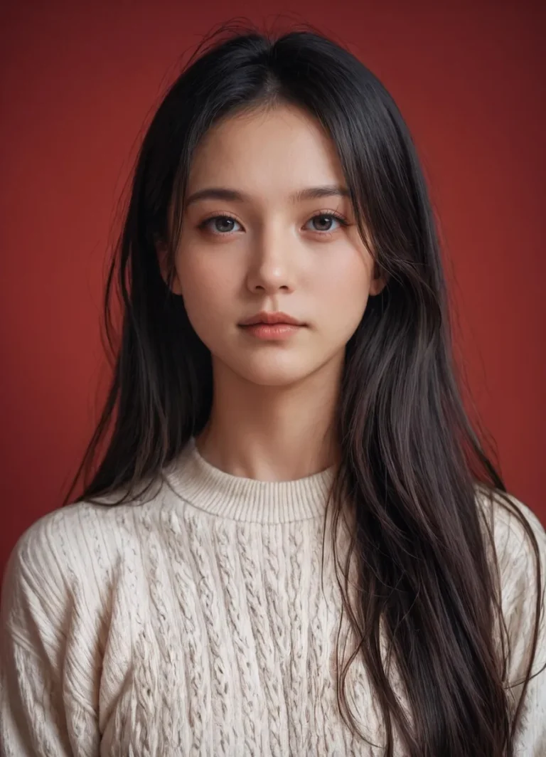 AI generated portrait of a young woman with long dark hair and a cream sweater set against a red background, created using stable diffusion.