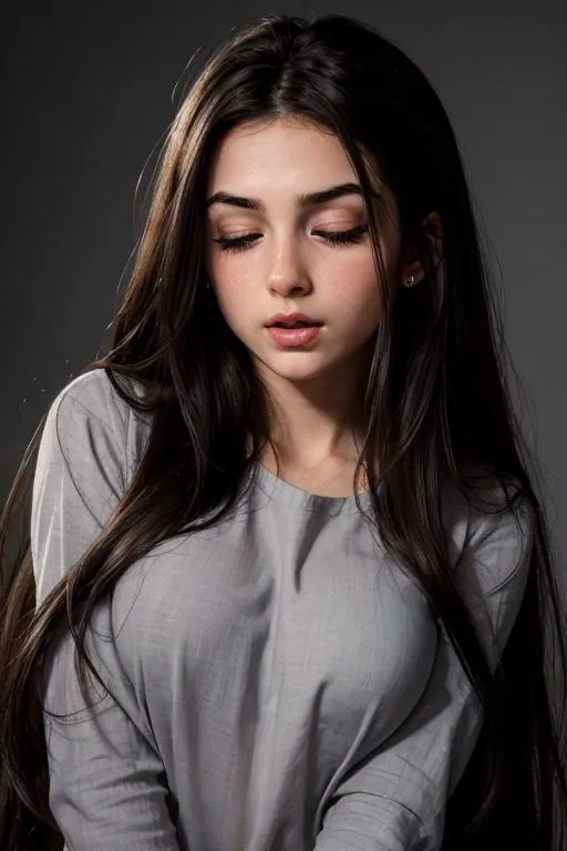 A photorealistic portrait of a young girl with long dark hair and closed eyes, created using AI and Stable Diffusion.