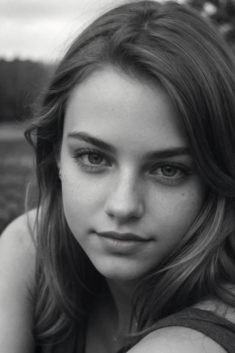A black and white portrait of a girl generated by AI using Stable Diffusion.