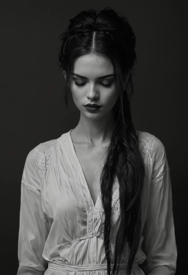 A black and white portrait of a woman with braided hair and a vintage outfit, AI generated using Stable Diffusion.