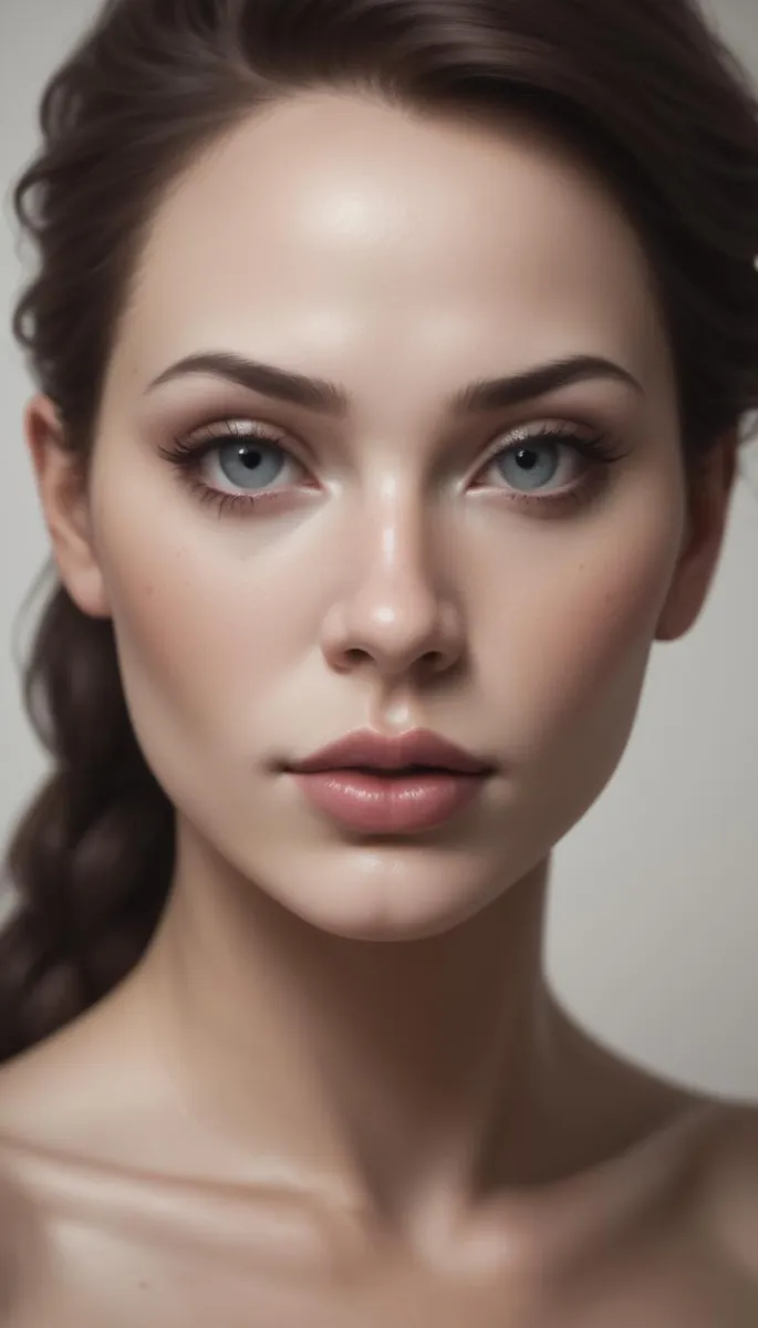 A closely focused AI generated image using Stable Diffusion of a beautiful woman with blue eyes, brown hair in a braid, and a natural makeup look.