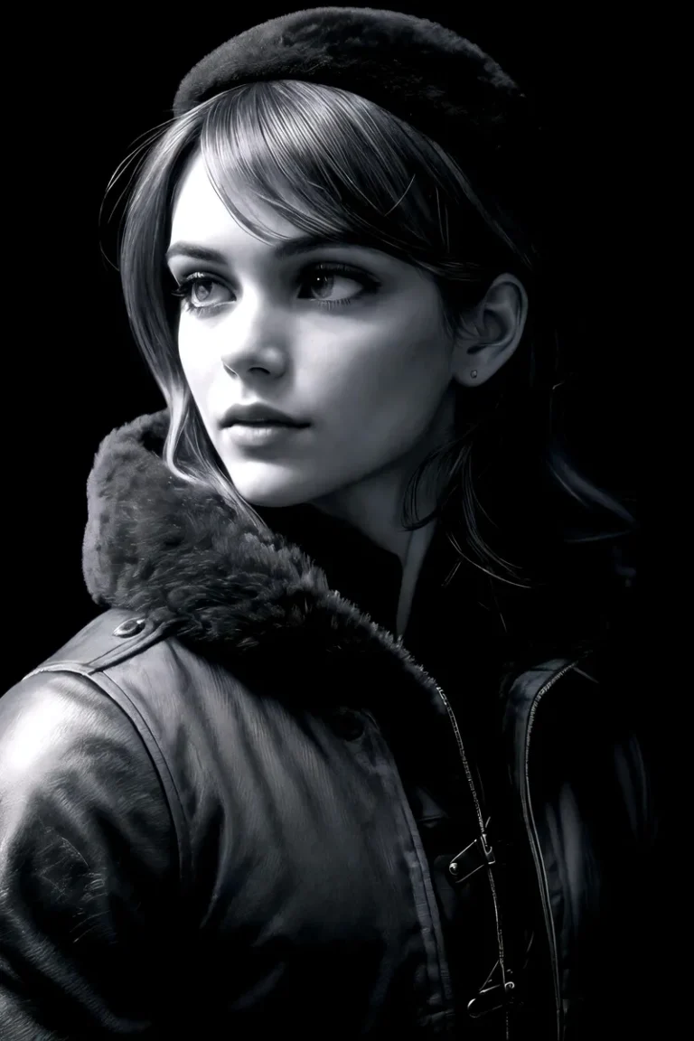 Black and white portrait of a young woman with a fur-collared leather jacket, AI generated using Stable Diffusion.