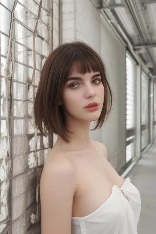A portrait of a young woman with a bob haircut, wearing a white strapless top, standing against a rustic wall. AI generated image using Stable Diffusion.