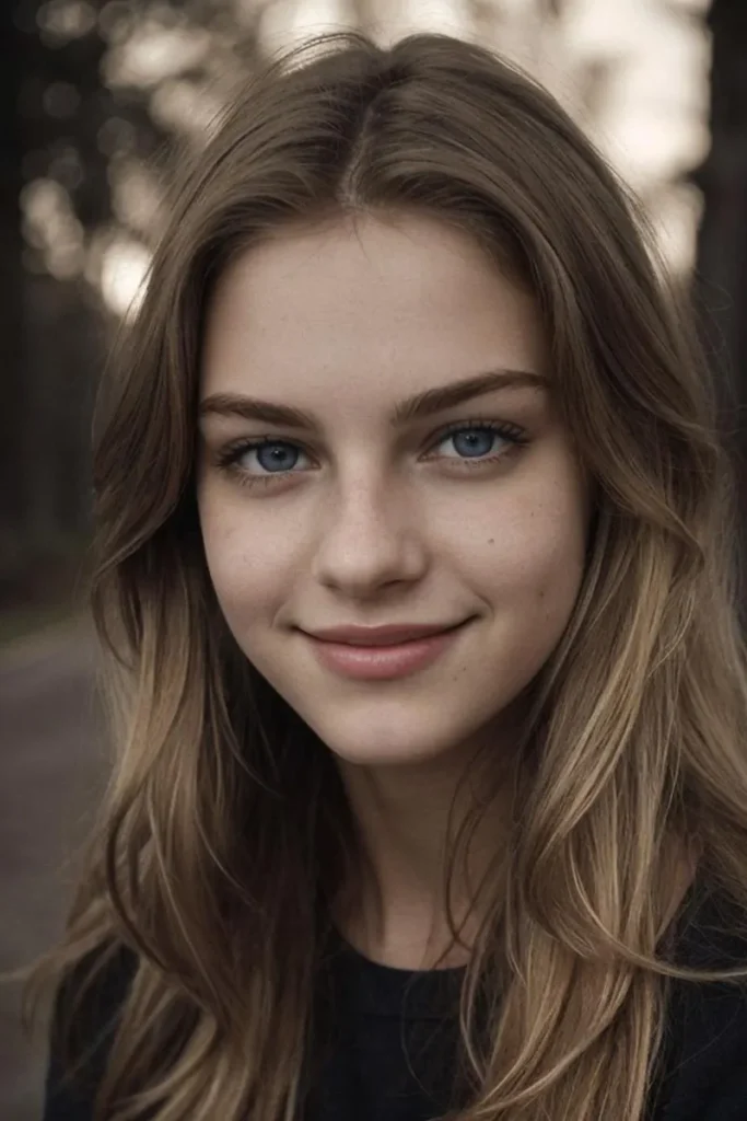 Portrait of a young woman with blue eyes and long brunette hair. AI generated image using Stable Diffusion.