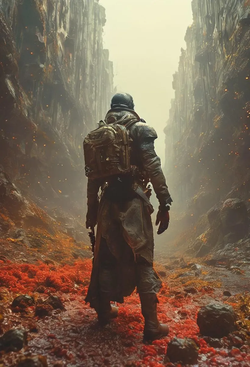 AI generated image using stable diffusion depicting a lone survivor in a post-apocalyptic rugged landscape, wearing heavy gear and a backpack, with red vegetation underfoot and a misty, canyon-like environment.