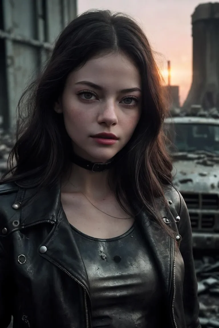A realistic AI-generated image using Stable Diffusion, featuring a young woman in a post-apocalyptic setting, wearing a black leather jacket and a choker, with a dilapidated vehicle in the background.