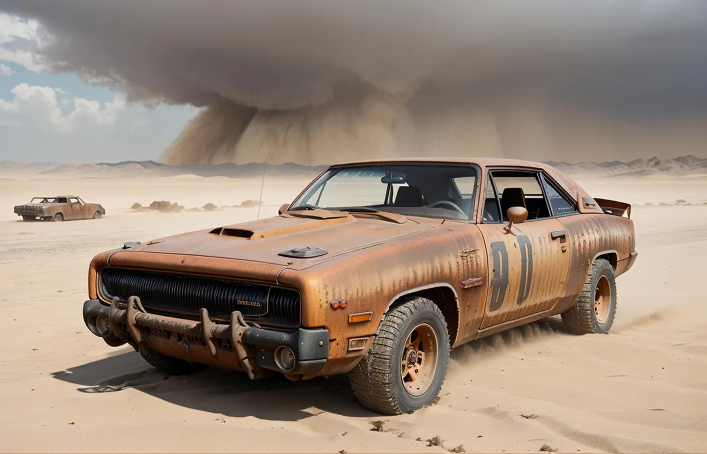 Rusty post-apocalyptic car in desert with approaching sandstorm, AI generated image using Stable Diffusion