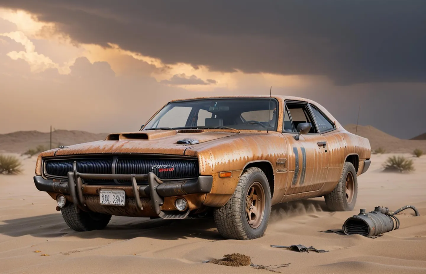 A rusty, post-apocalyptic car in a desert landscape with a dramatic sky, AI generated image using Stable Diffusion.