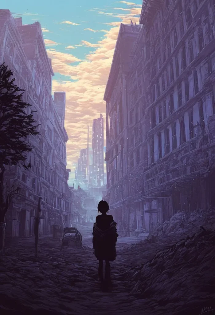 A solitary figure standing in a deserted, post-apocalyptic cityscape at dusk, with tall buildings and a colorful sky, generated using Stable Diffusion.