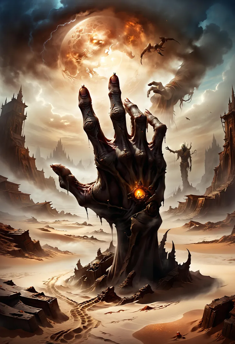 A detailed post-apocalyptic landscape with a giant skeletal hand emerging from the ground with ominous clouds and a broken cityscape in the background. AI generated image using Stable Diffusion.