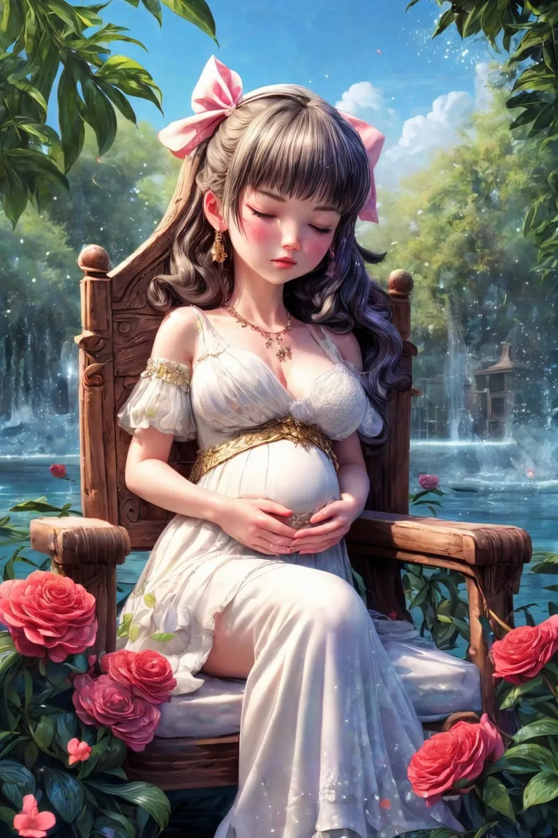 AI generated image of a serene pregnant woman with long hair, sitting on a wooden chair surrounded by roses in a fantasy garden. Created using Stable Diffusion.