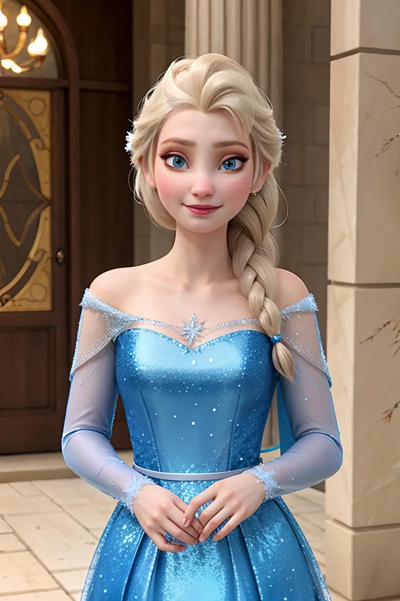AI generated image of a princess character wearing a sparkling royal blue dress with braided blonde hair, created using Stable Diffusion.