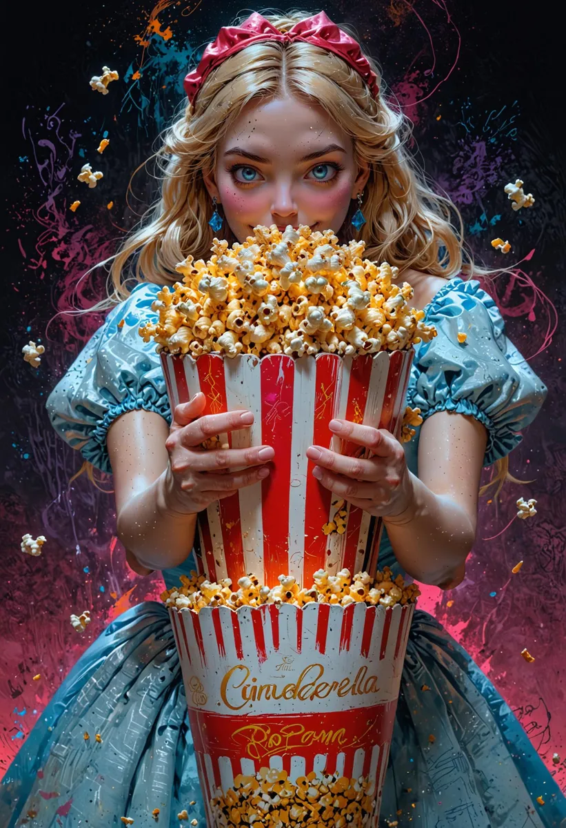 A princess in cosplay holding a large tub of popcorn against a colorful backdrop. This is an AI generated image using Stable Diffusion.