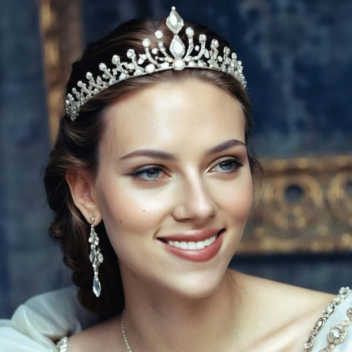Portrait of a smiling woman wearing a detailed tiara, created using stable diffusion AI.