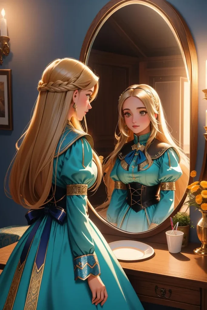 A beautiful anime-style princess wearing a turquoise dress with a golden belt, standing in front of a mirror in a dimly lit room. The princess’s face and her reflection, with intricate braided hair, are clearly visible, emphasizing symmetry. Candles and flowers add a warm ambiance.