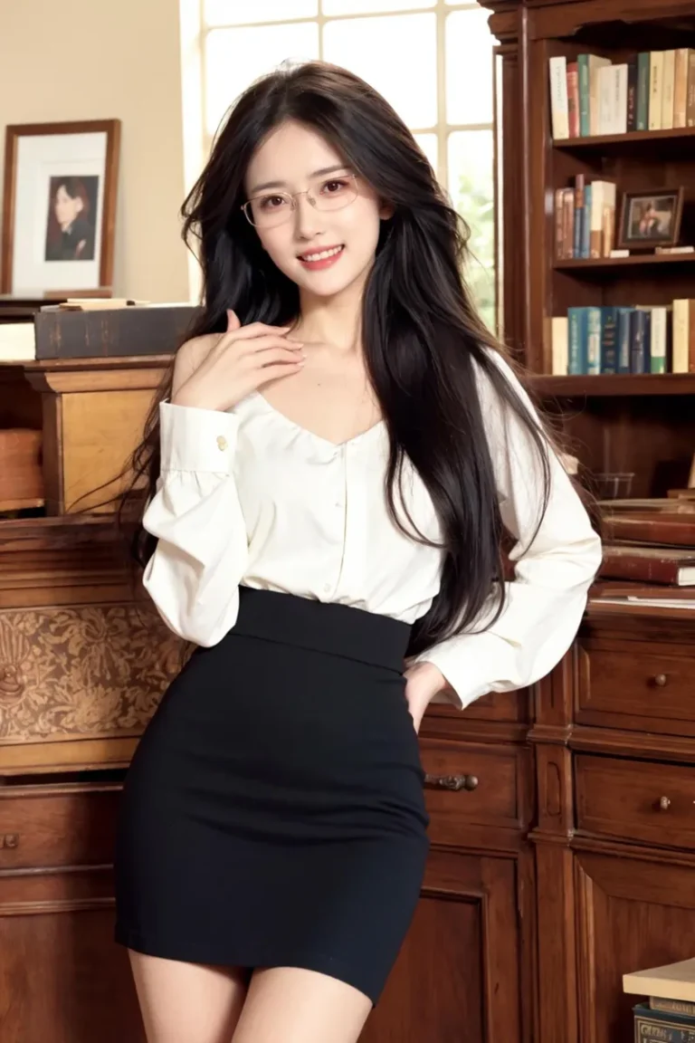 A professional woman with long black hair wearing glasses, a white blouse, and a black skirt, standing in a library setting. Emphasize that this is an AI generated image using stable diffusion.