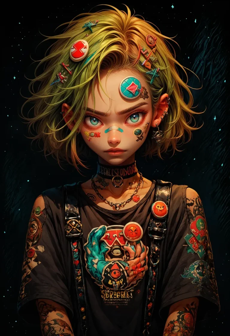A vibrant portrayal of a punk girl with striking green hair, adorned with colorful pins and stickers, wearing a dark t-shirt and intricate accessories. AI generated image using Stable Diffusion.