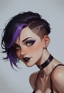 AI-generated image of a punk woman with black and purple hair, undercut, piercing green eyes, and wearing black lipstick and a leather choker.