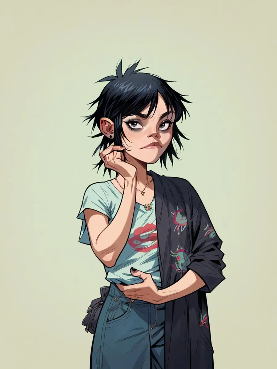 Illustration of a punk anime girl with black hair, wearing a t-shirt with a pink logo and a black jacket, created using stable diffusion.