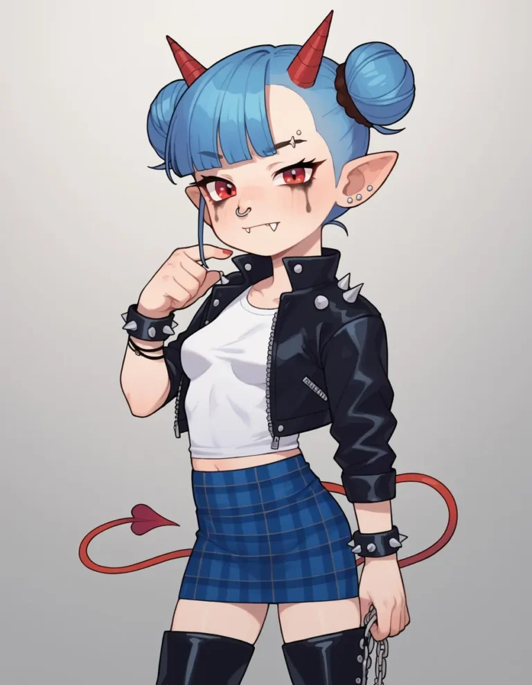 Anime-style punk demon girl with blue hair and red horns, AI-generated using Stable Diffusion.