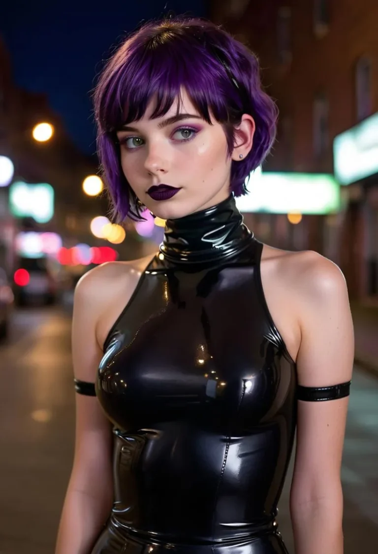 A woman with purple hair wearing a shiny black latex outfit, with a dark street background. AI generated image using Stable Diffusion.