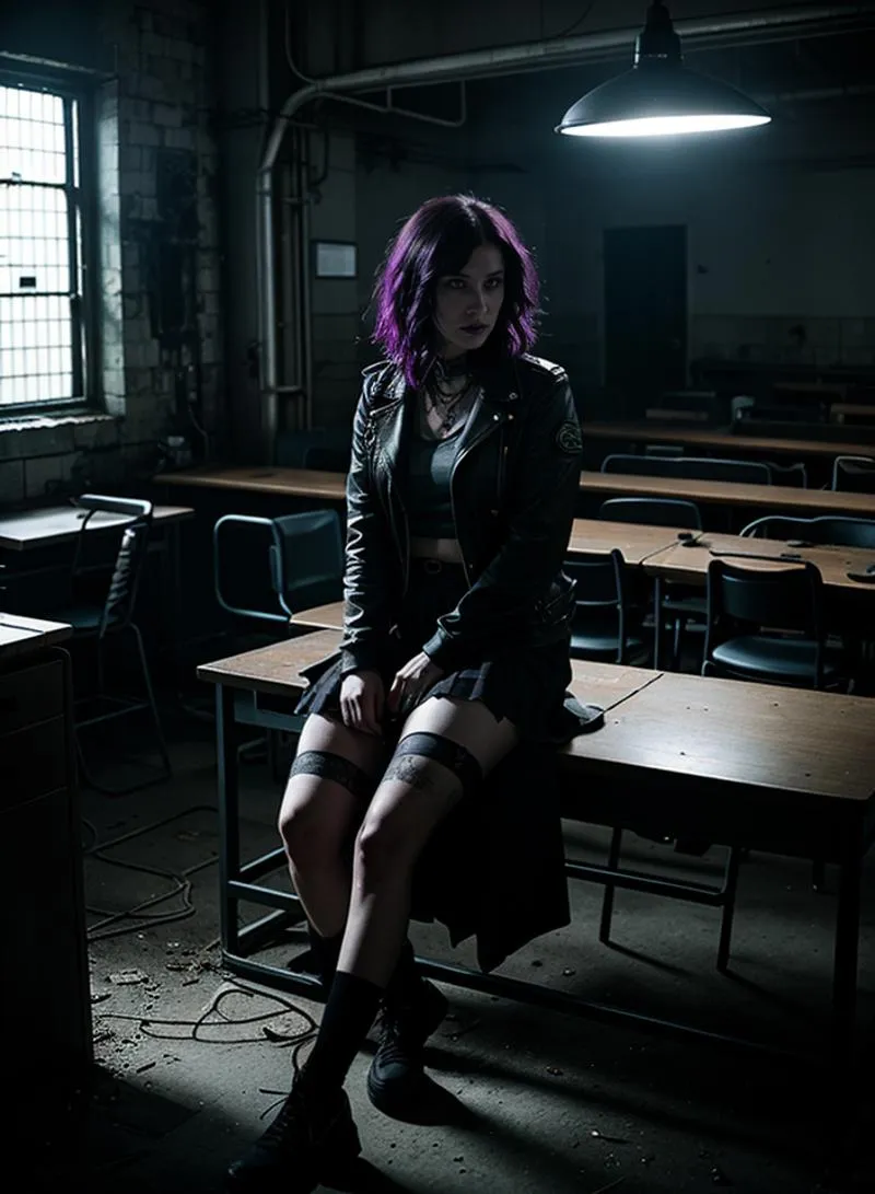 A punk girl with purple hair sitting on a desk in a dark, abandoned room. This is an AI generated image using Stable Diffusion.